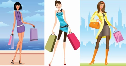 3 Shopping Girls Vector Illustration