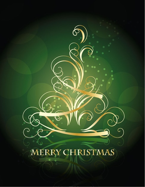 Golden Swirling Christmas Tree with Blackish Green Background