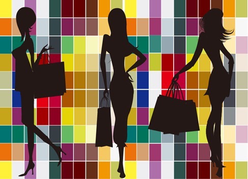 Fashion Shopping Girl Silhouettes with Colorful Background Vector Graphic