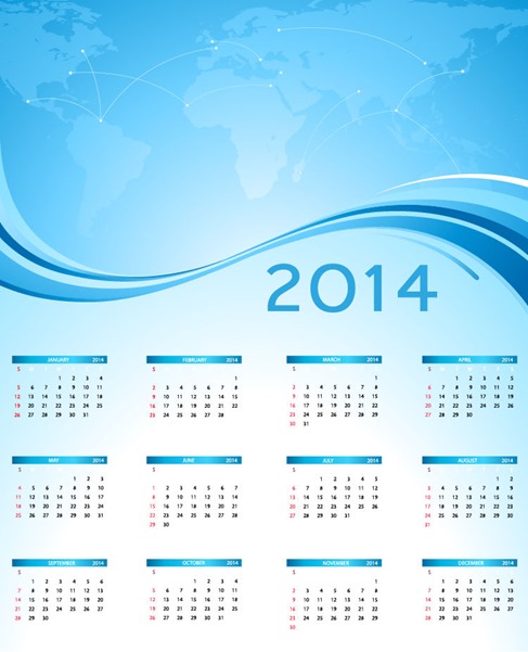 2014 Calendar with Blue World Map Vector Graphic