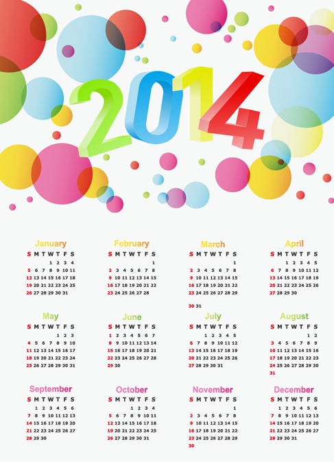 2014 Year Calendar Colorful Design Vector Illustration