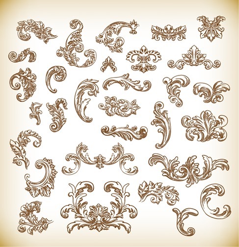 Vintage Hand Drawn Floral Elements Vector Graphics Set