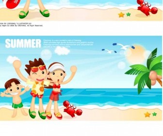 Cartoon boys and girls seaside resort Vector Graphics