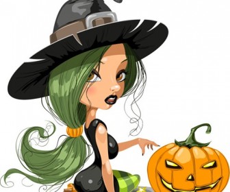 Pretty Witch with Halloween Vector Illustration