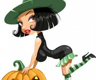 Pretty Witch with Halloween Vector Illustration