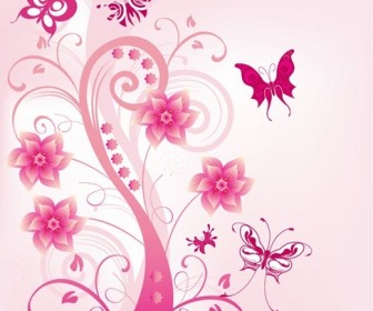 Pink Floral Swirl with Butterfies Vector Illustration