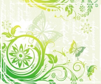 Green Floral and Butterflies Vector Illustration