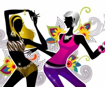 Two Girls Dancing on Floral Background Vector Illustration