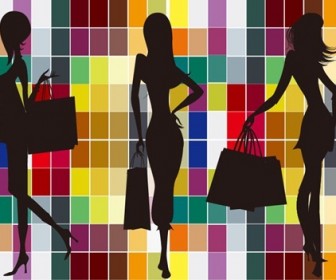 Fashion Shopping Girl Silhouettes with Colorful Background Vector Graphic