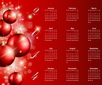 2014 Calendar with Ball Ornament Red Background Vector Graphic