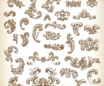 Vintage Hand Drawn Floral Elements Vector Graphics Set