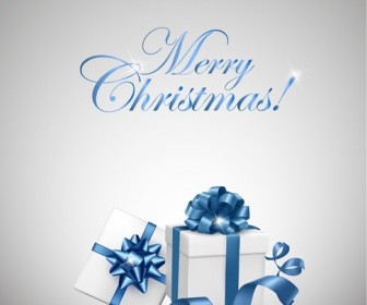 White Gift Box with Blue Bow for Christmas Vector Illustration